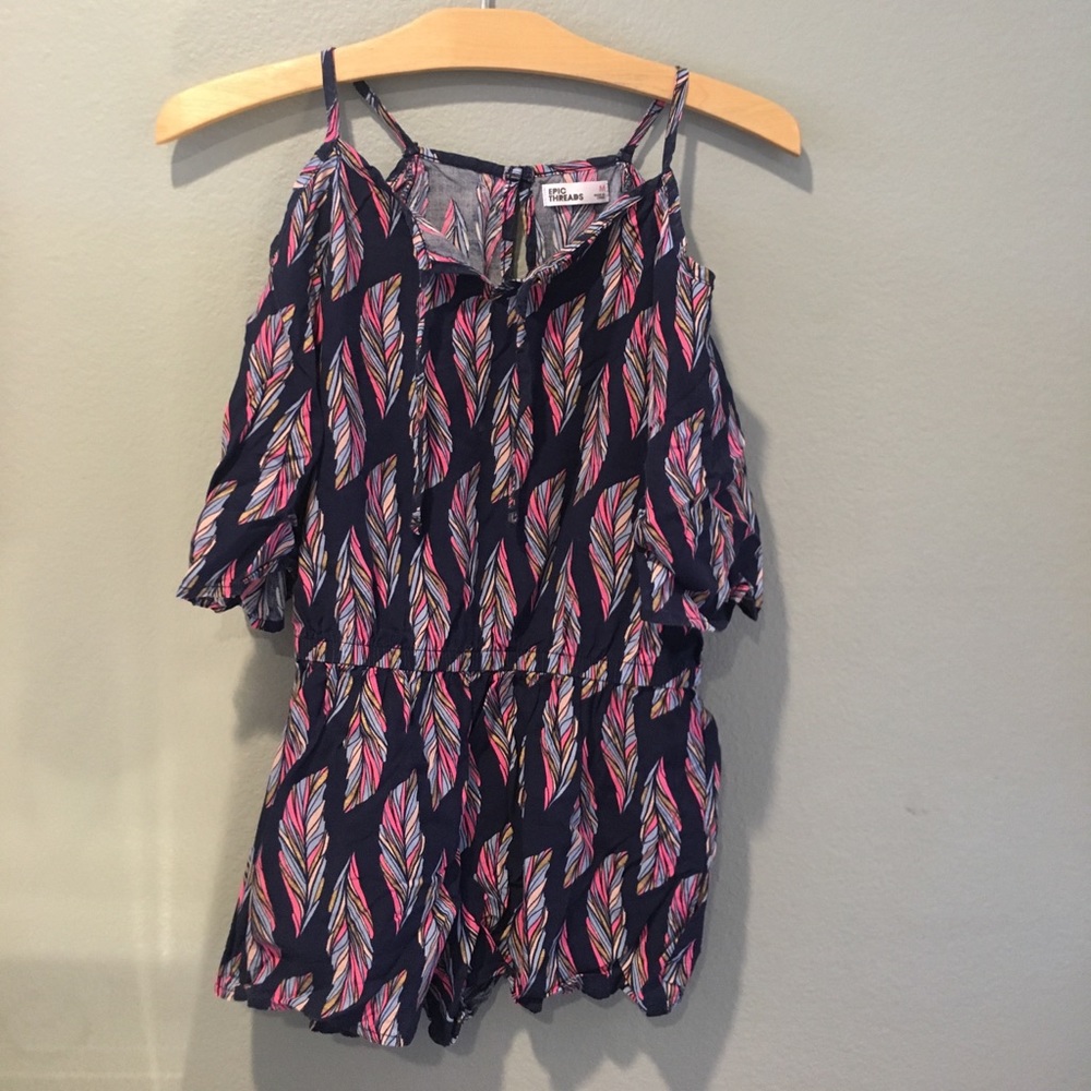 Navy Blue with colored feather pattern romper